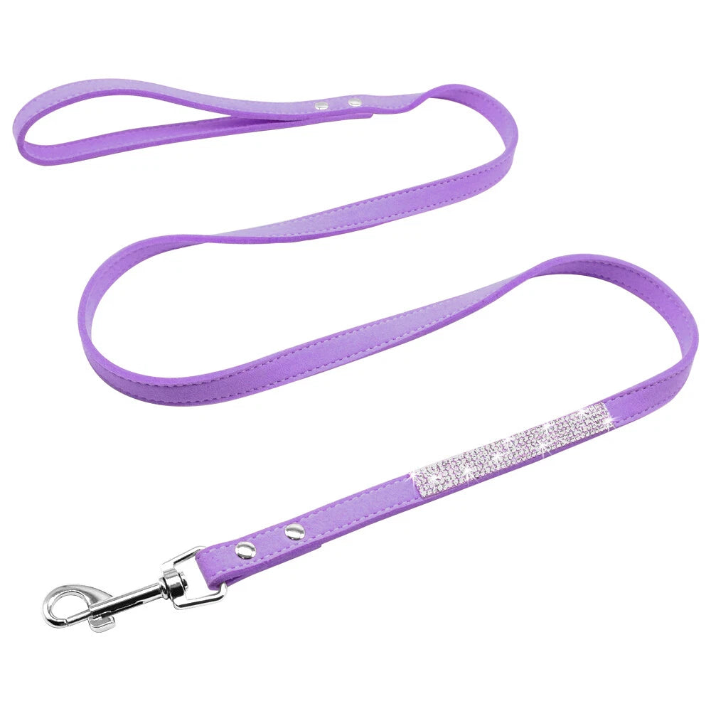 Purple Rhinestone Pet Collar & Leash Set | Soft Suede Sparkle Collar and Matching Leash for Dogs & Cats