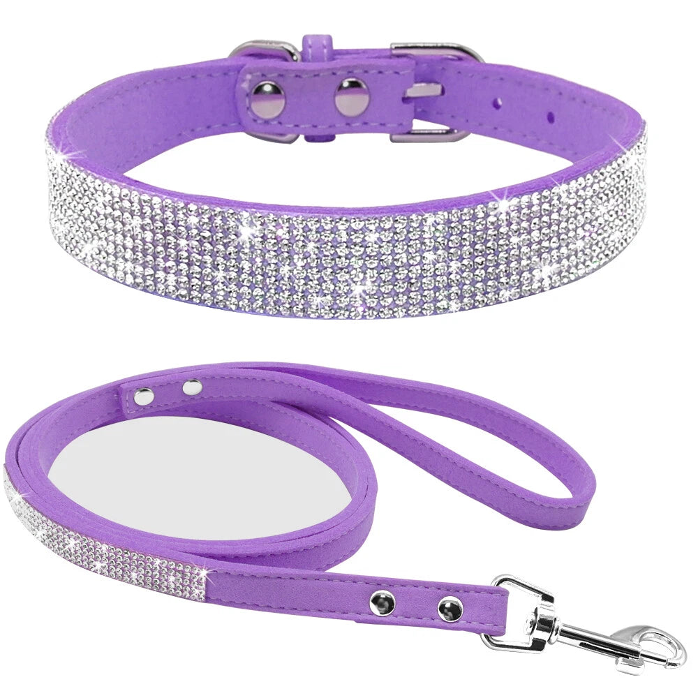 Purple Rhinestone Pet Collar & Leash Set | Soft Suede Sparkle Collar and Matching Leash for Dogs & Cats