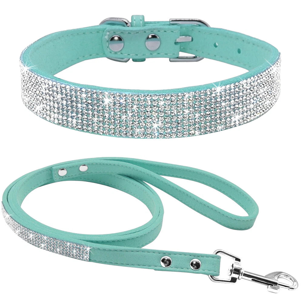 Teal Rhinestone Pet Collar & Leash Set | Soft Suede Sparkle Collar and Matching Leash for Dogs & Cats