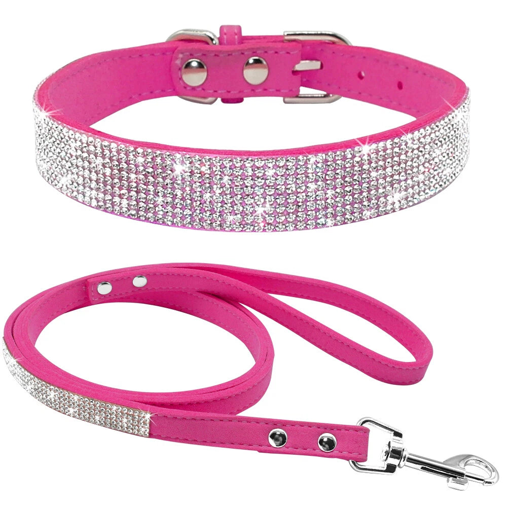 Fuchsia Rhinestone Pet Collar & Leash Set | Soft Suede Sparkle Collar and Matching Leash for Dogs & Cats