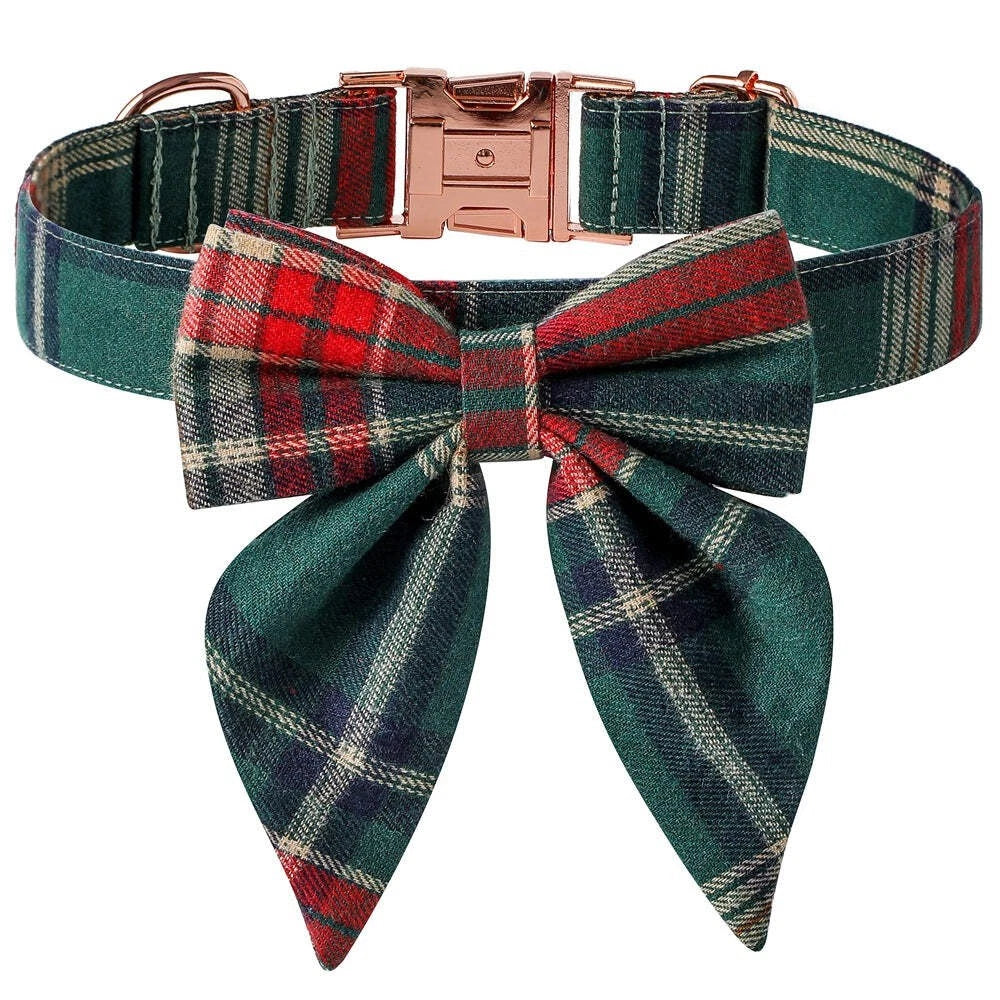 Green & Red Plaid Long-Bow Collar for Dogs & Cats