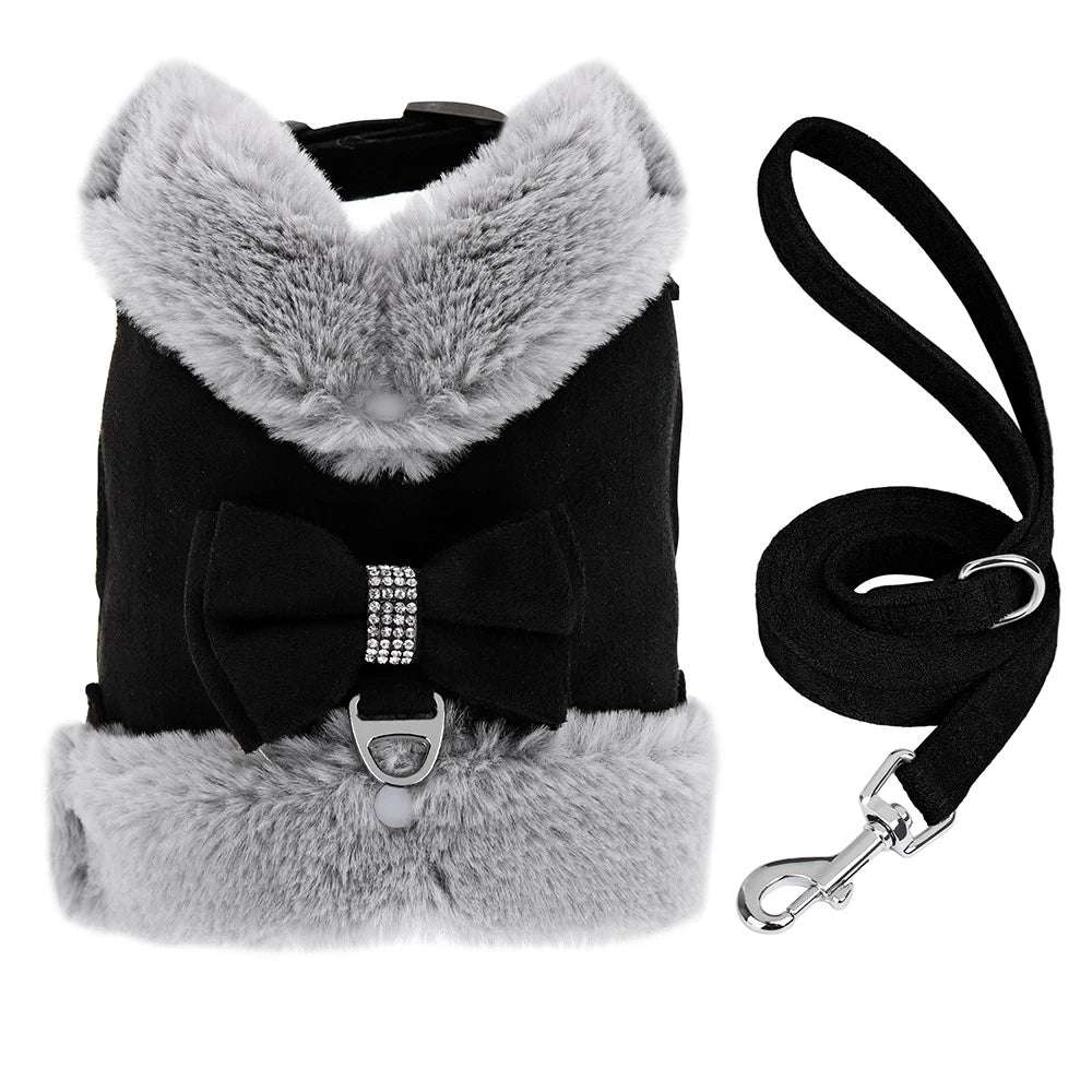 Black Plush Bow Dog Harness & Leash Set