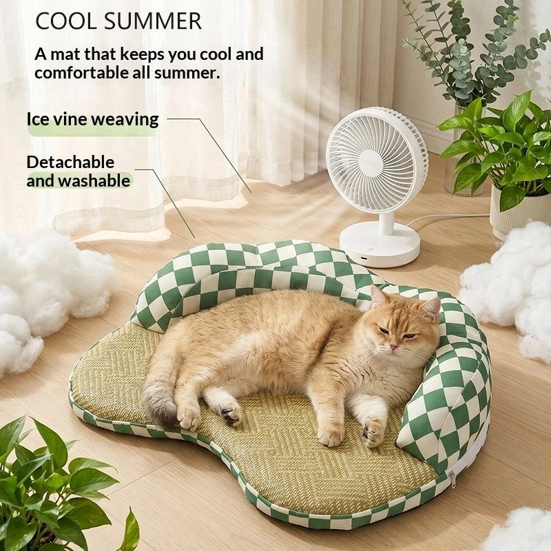 Green & White Checkered Cooling Pet Bed with Bolster