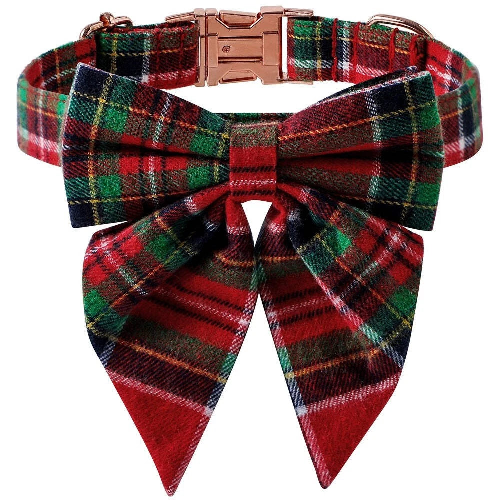 Red & Green Plaid Long-Bow Collar for Dogs & Cats