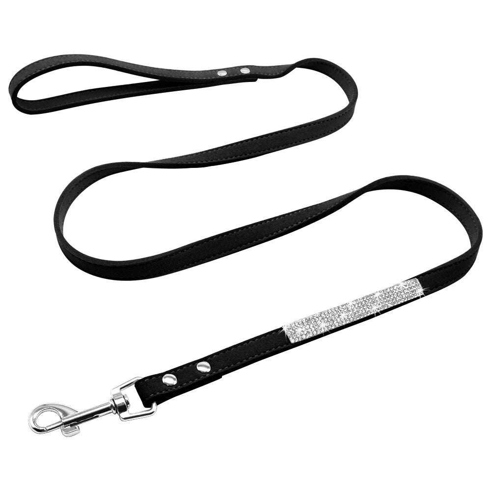 Black Rhinestone Pet Collar & Leash Set | Soft Suede Sparkle Collar and Matching Leash for Dogs & Cats