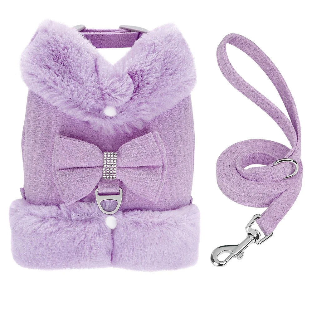 Purple Plush Bow Dog Harness & Leash Set