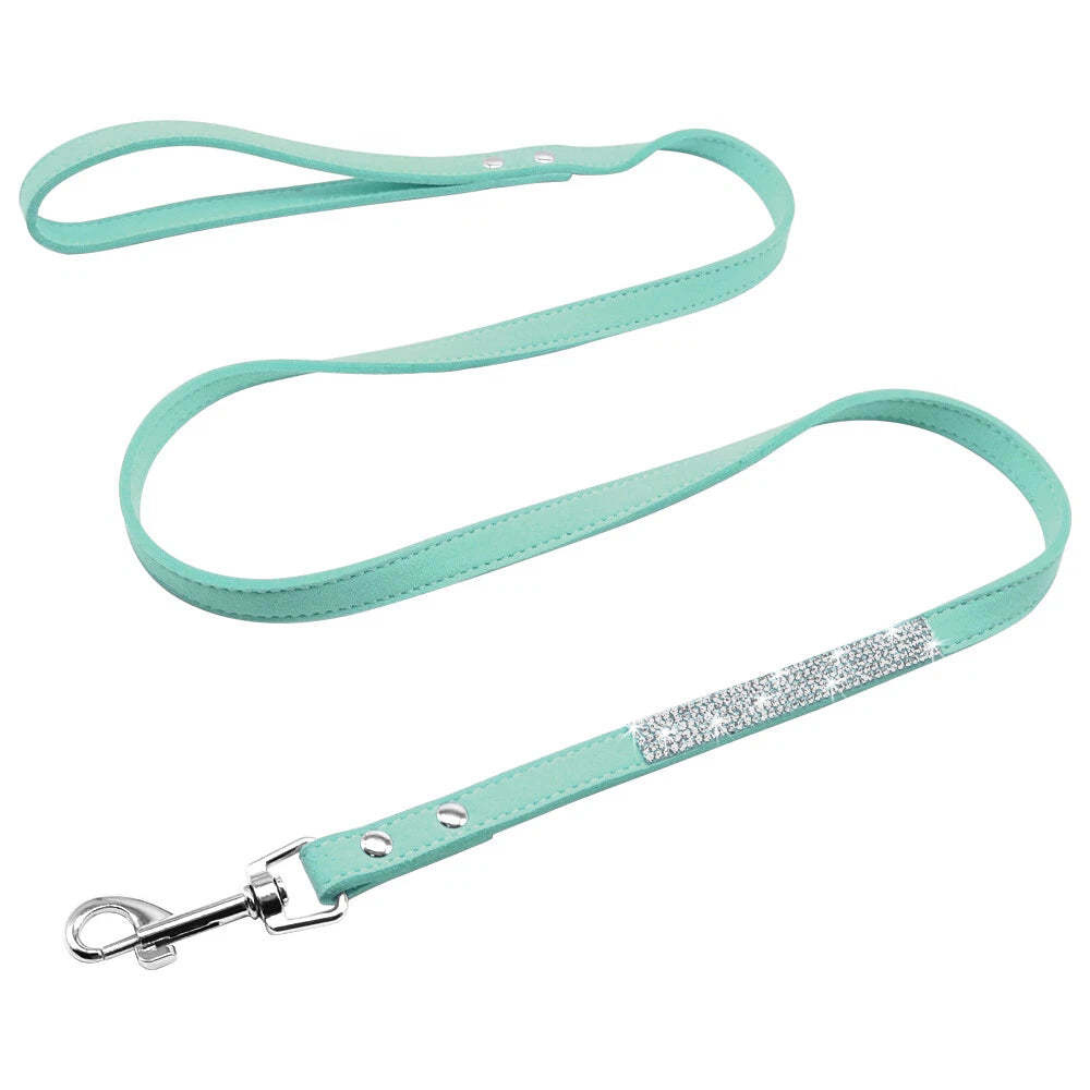 Teal Rhinestone Pet Collar & Leash Set | Soft Suede Sparkle Collar and Matching Leash for Dogs & Cats