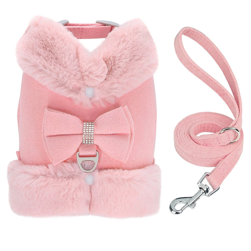 Pink Plush Bow Dog Harness & Leash Set