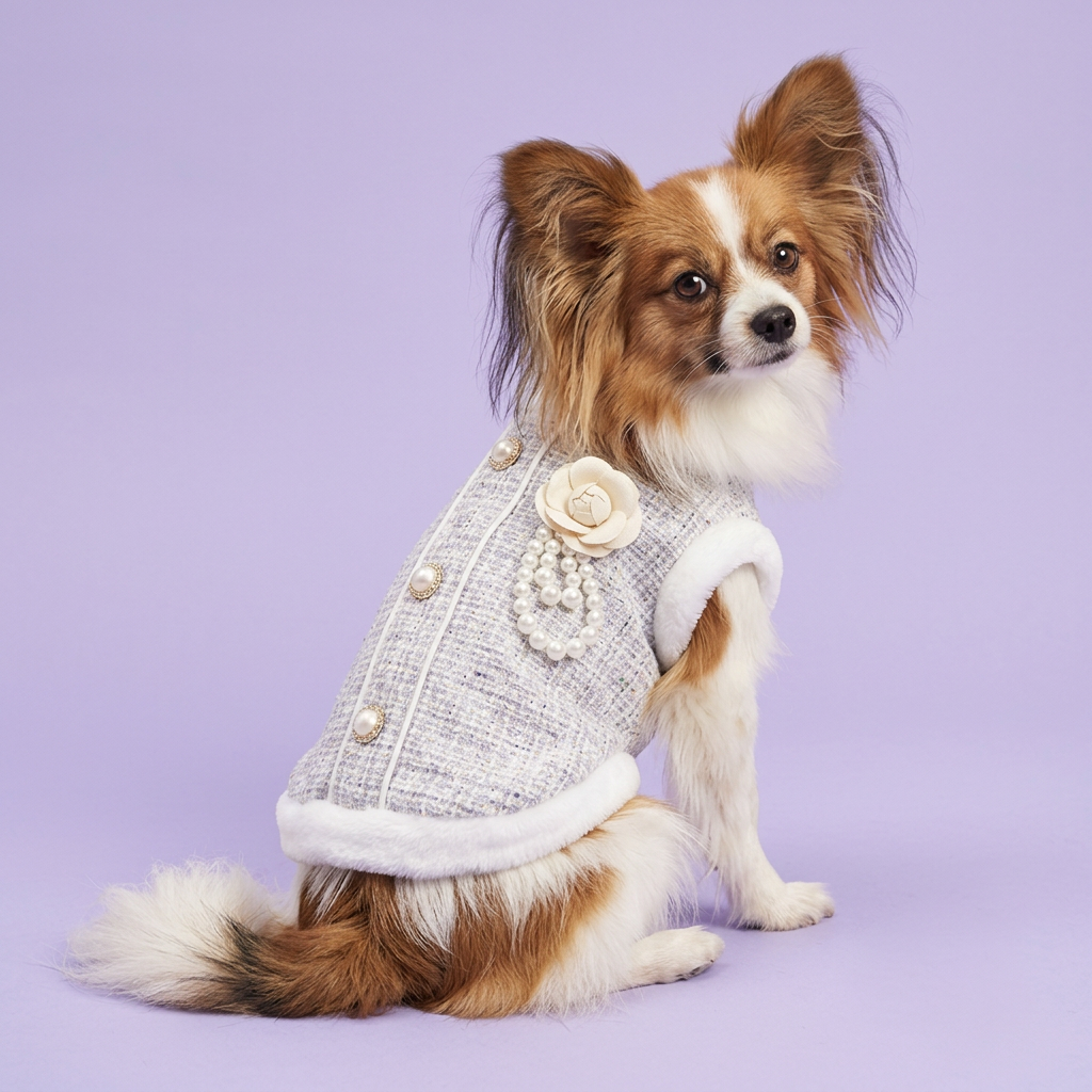 Sable-and-white Papillon showing the flower and pearls