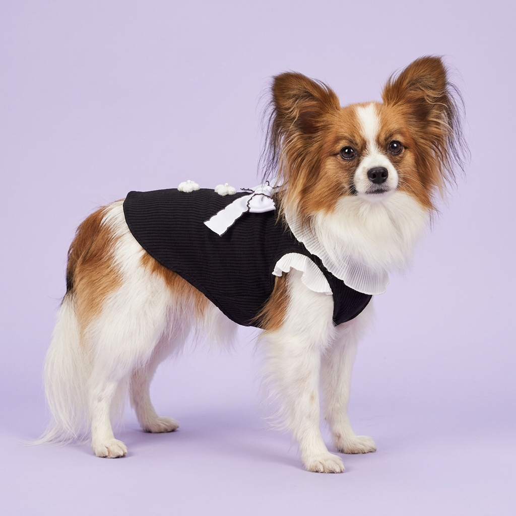 Sable-and-white Papillon standing in the black ruffled top