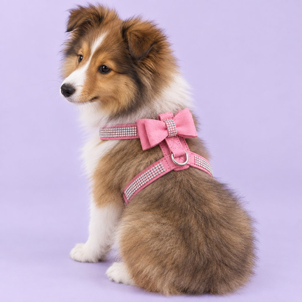 Sable-and-white Sheltie puppy in pink harness