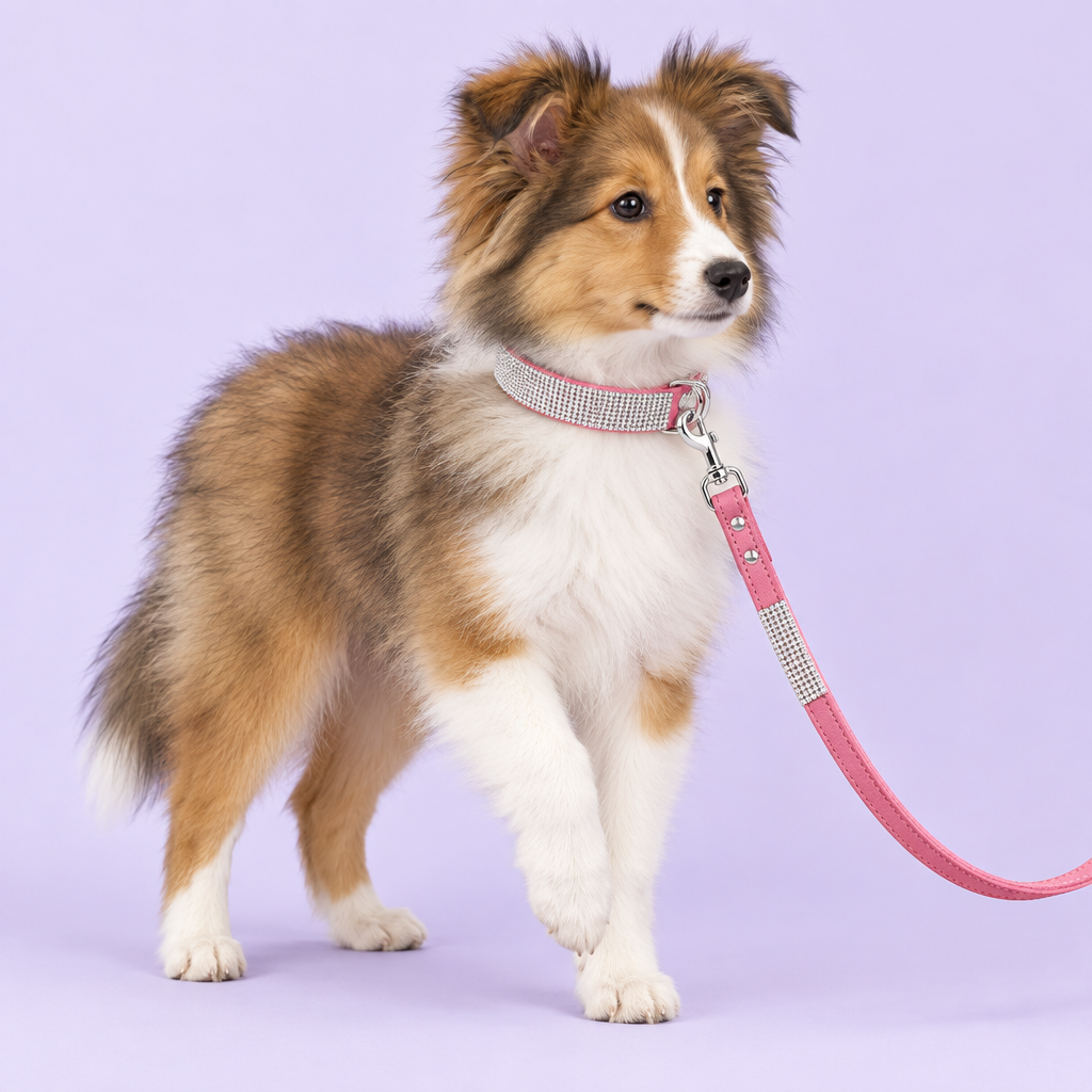 Sable-and-white Sheltie puppy wearing the pink collar and leash