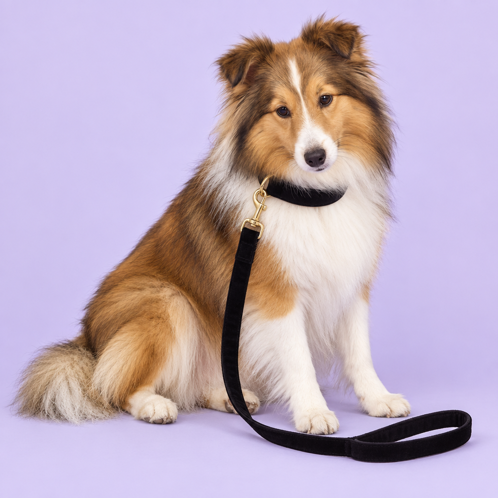 Sable and white Sheltie wearing the black velvet collar and leash