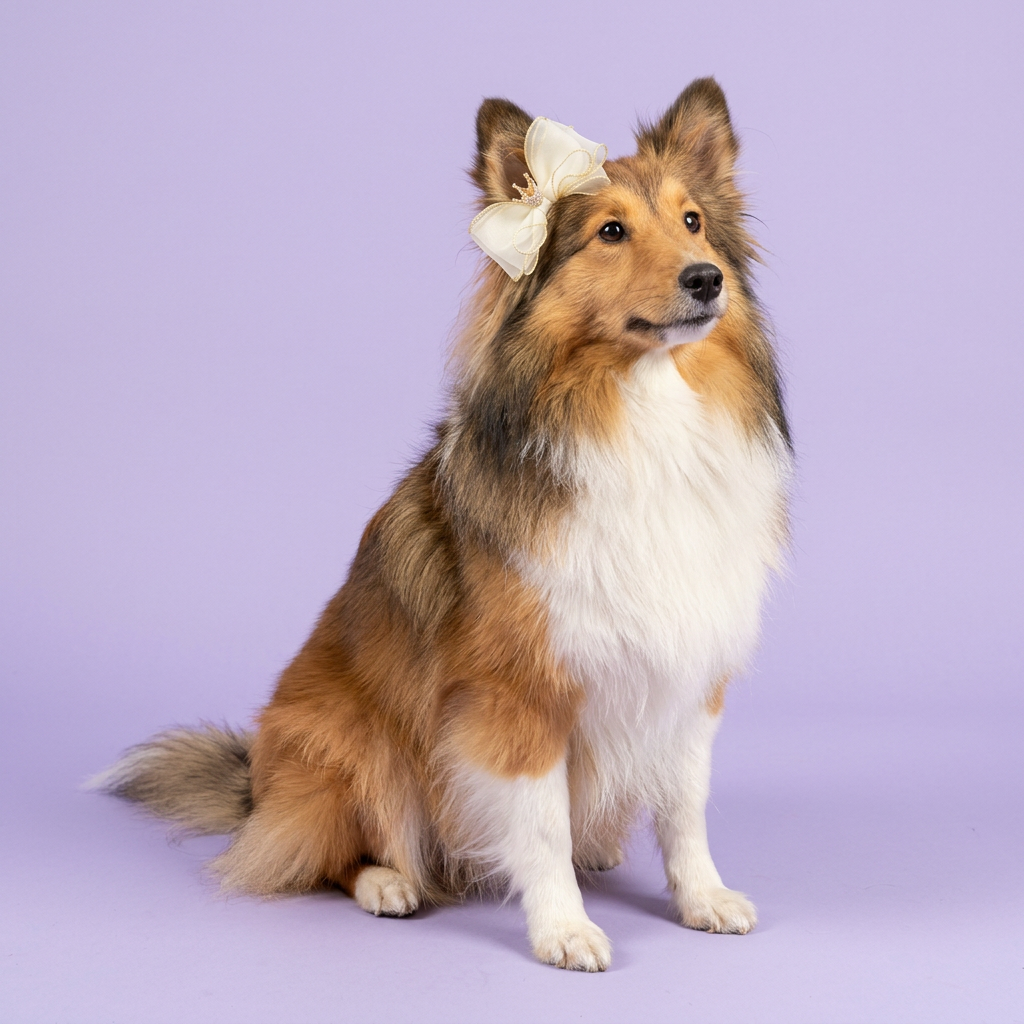 Sable-and-white Sheltie wearing the ivory-and-gold crown bow
