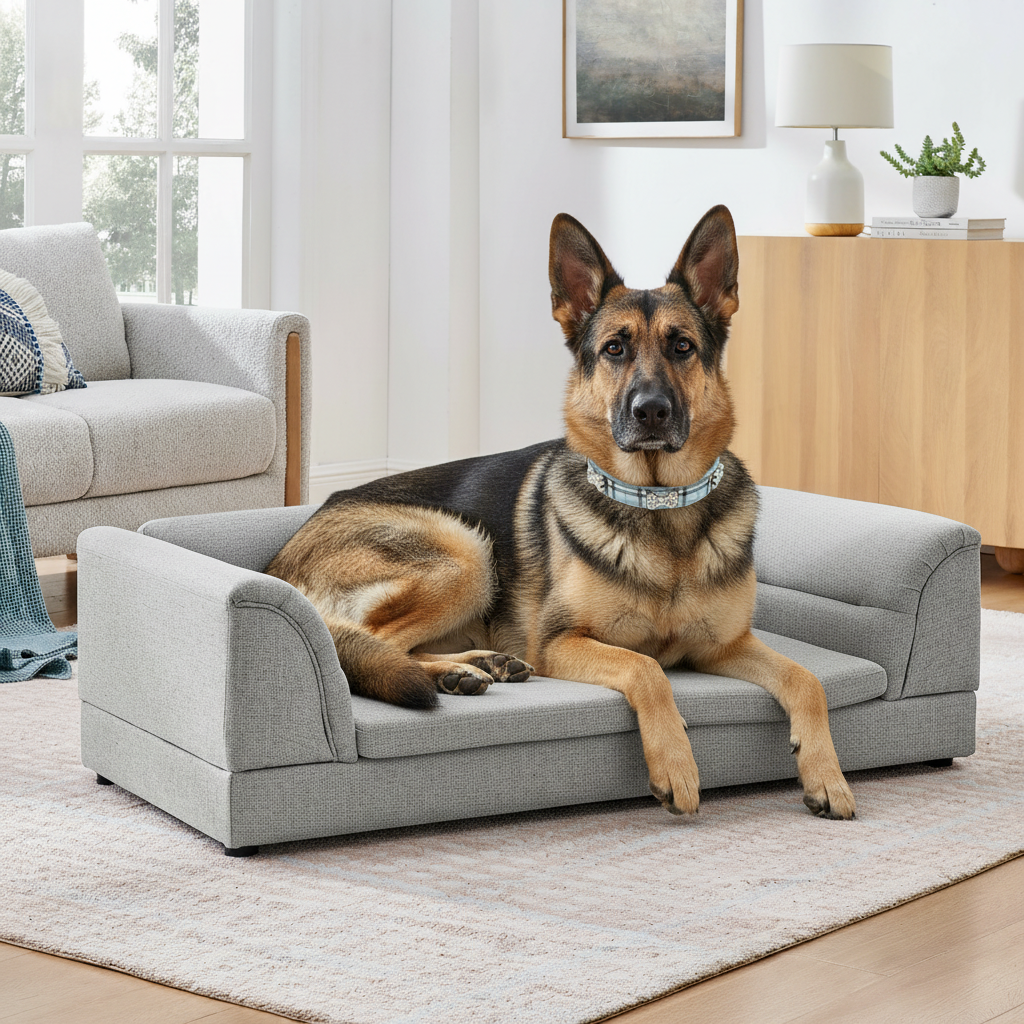 Sable German Shepherd wearing the pale blue plaid bone collar on the gray pet sofa