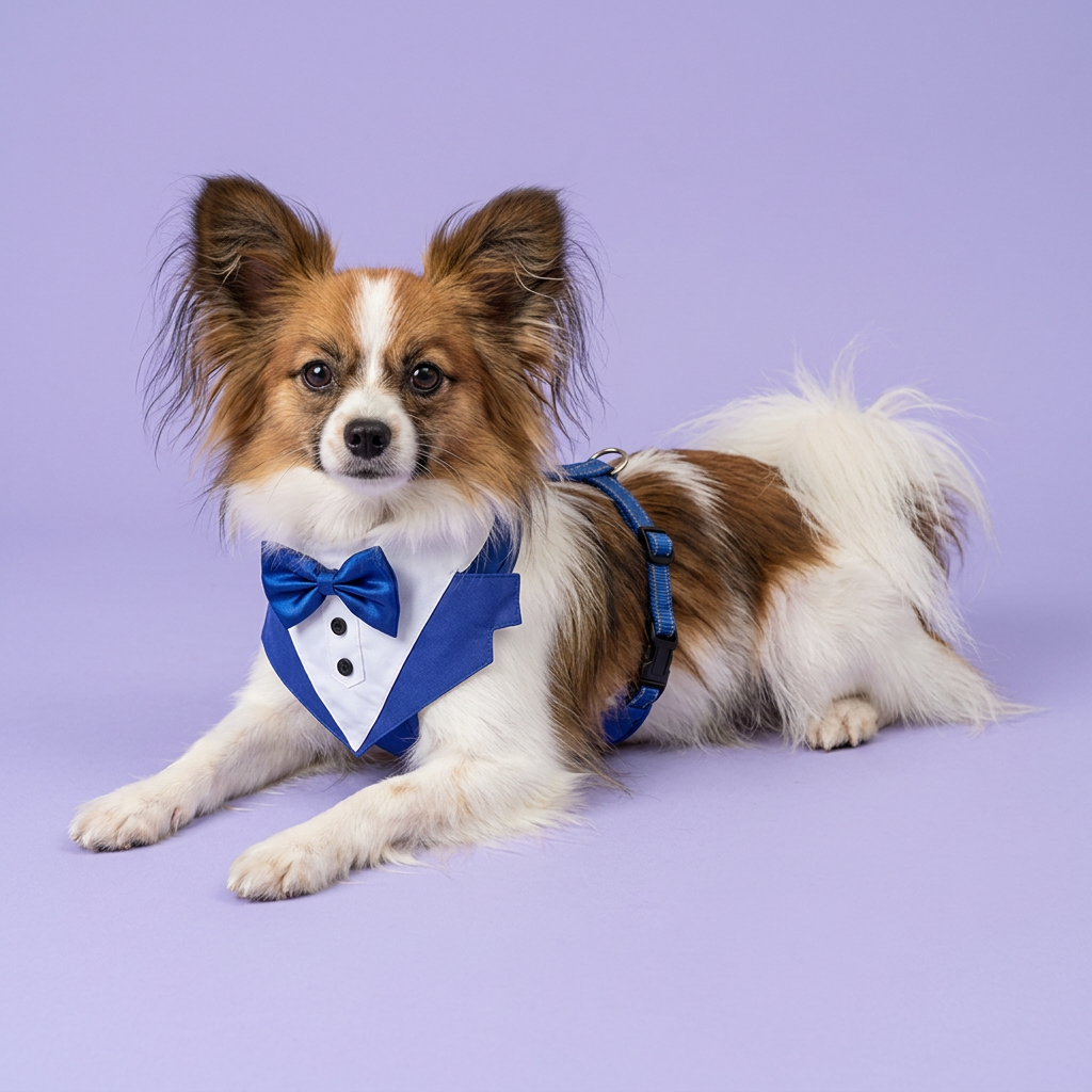 Sable Papillon lounging in the royal-blue harness