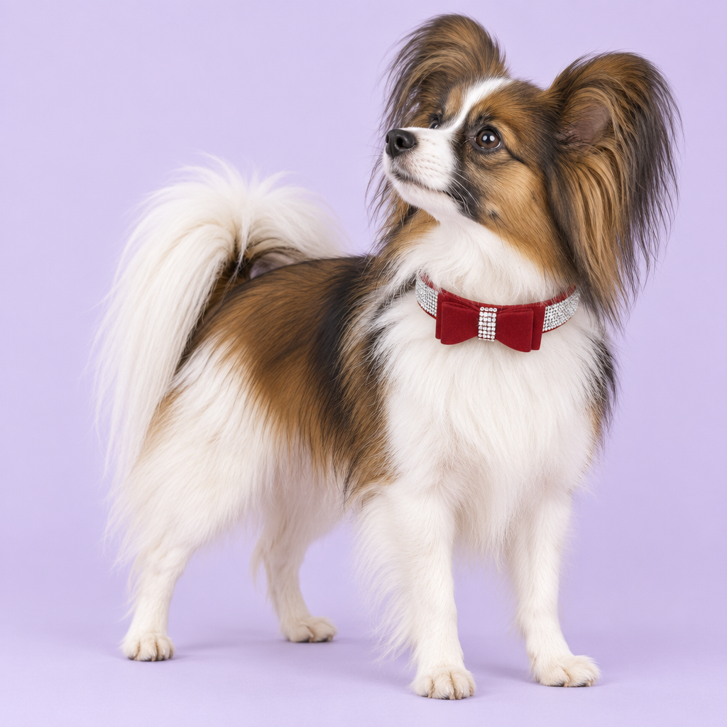 Sable Papillon standing with an upward gaze