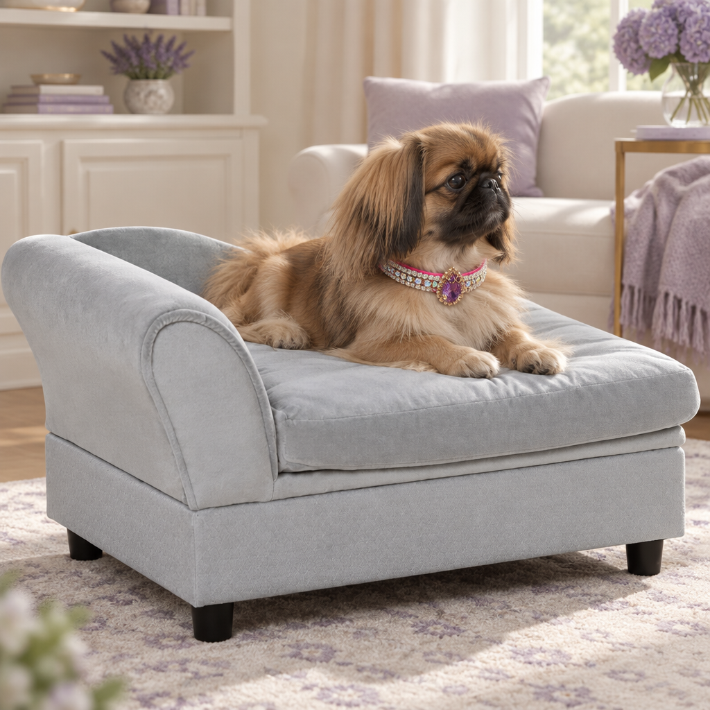 Sable Pekingese on the silver couch wearing the pink and purple collar