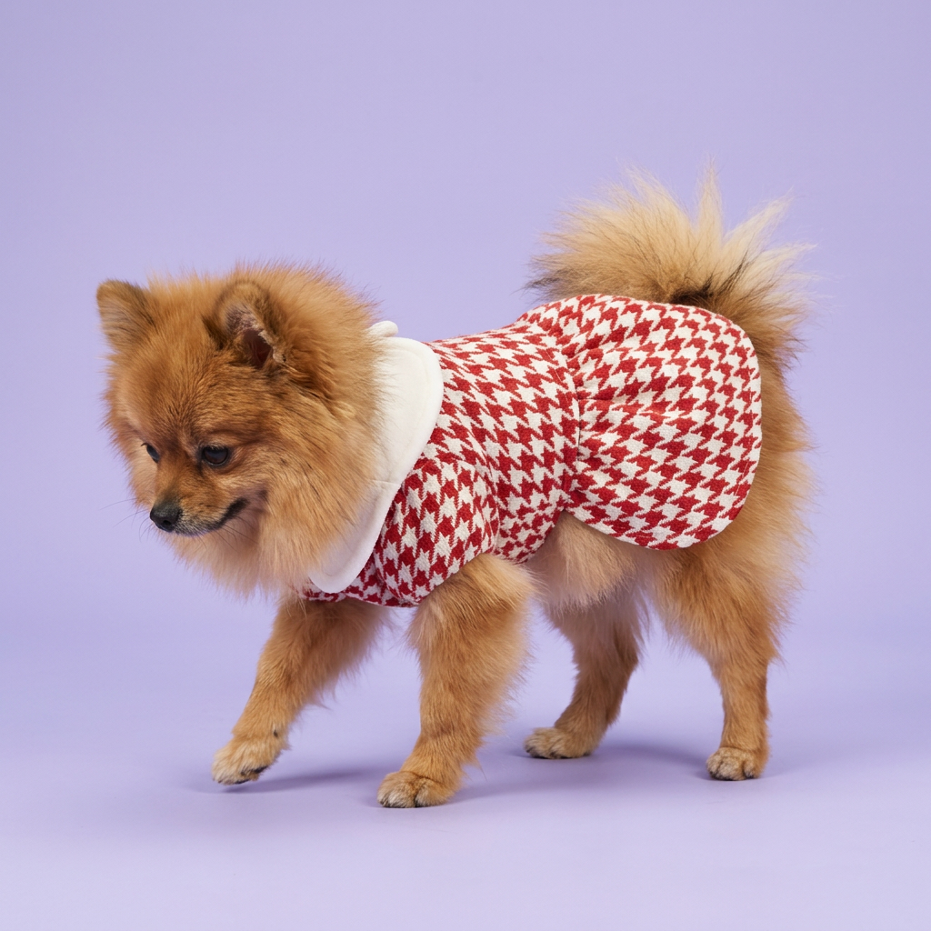Sable Pomeranian gently stepping in the houndstooth dress