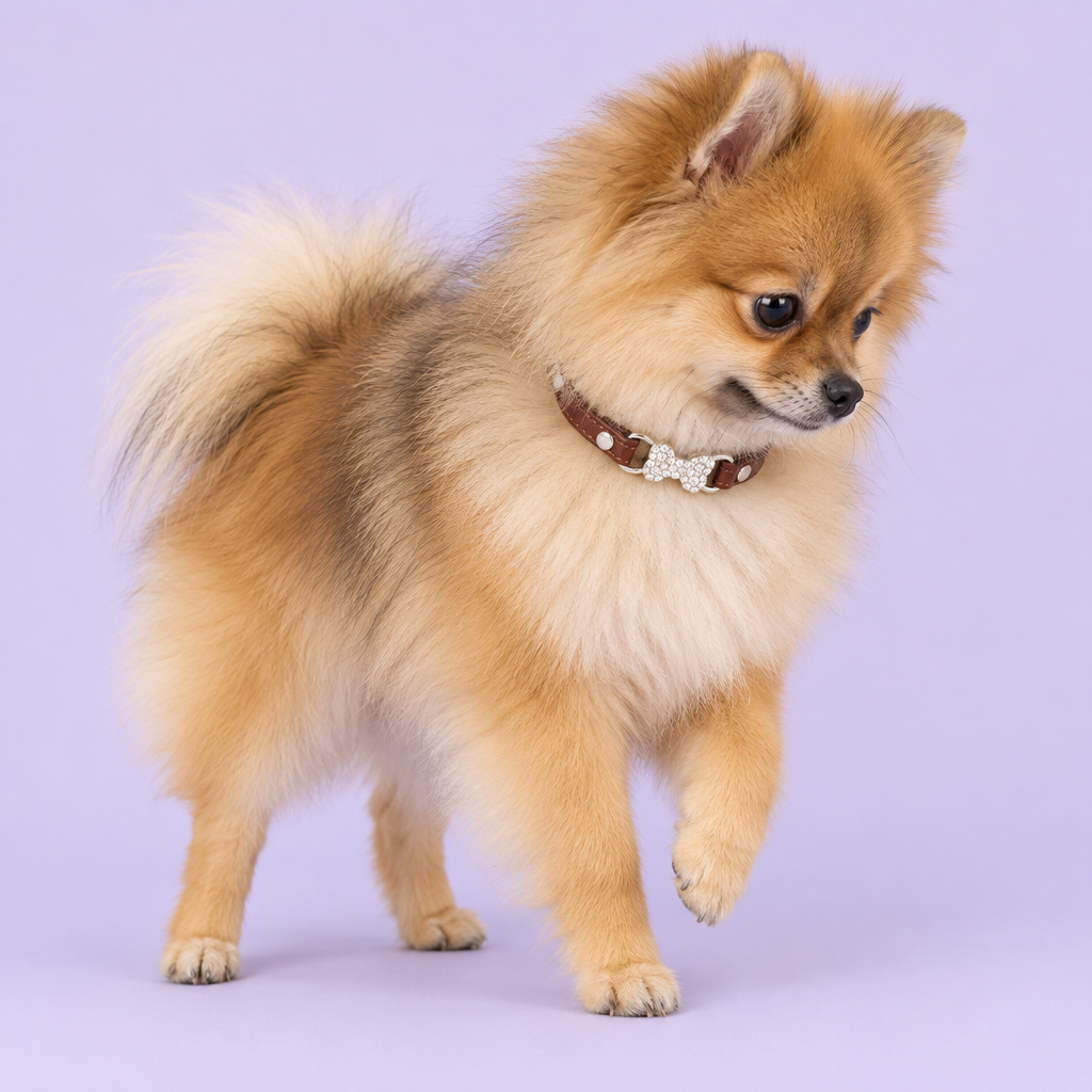Sable Pomeranian pausing with its gaze lowered