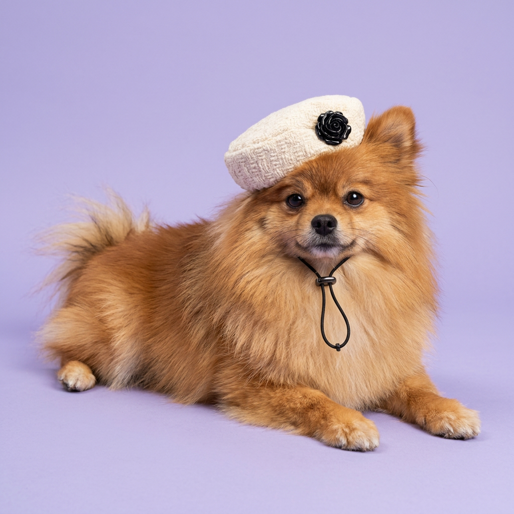 Sable Pomeranian relaxing in a smaller ivory beret