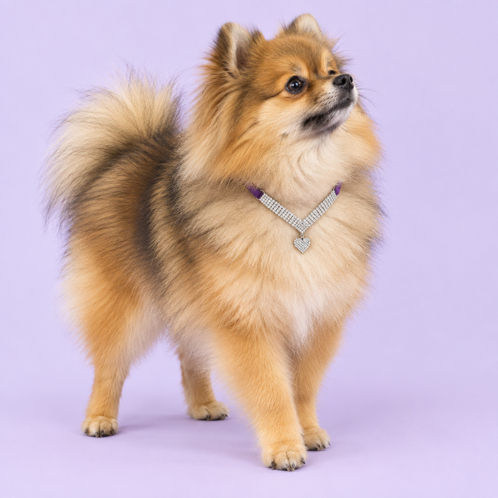 Sable Pomeranian standing with the corrected high collar fit