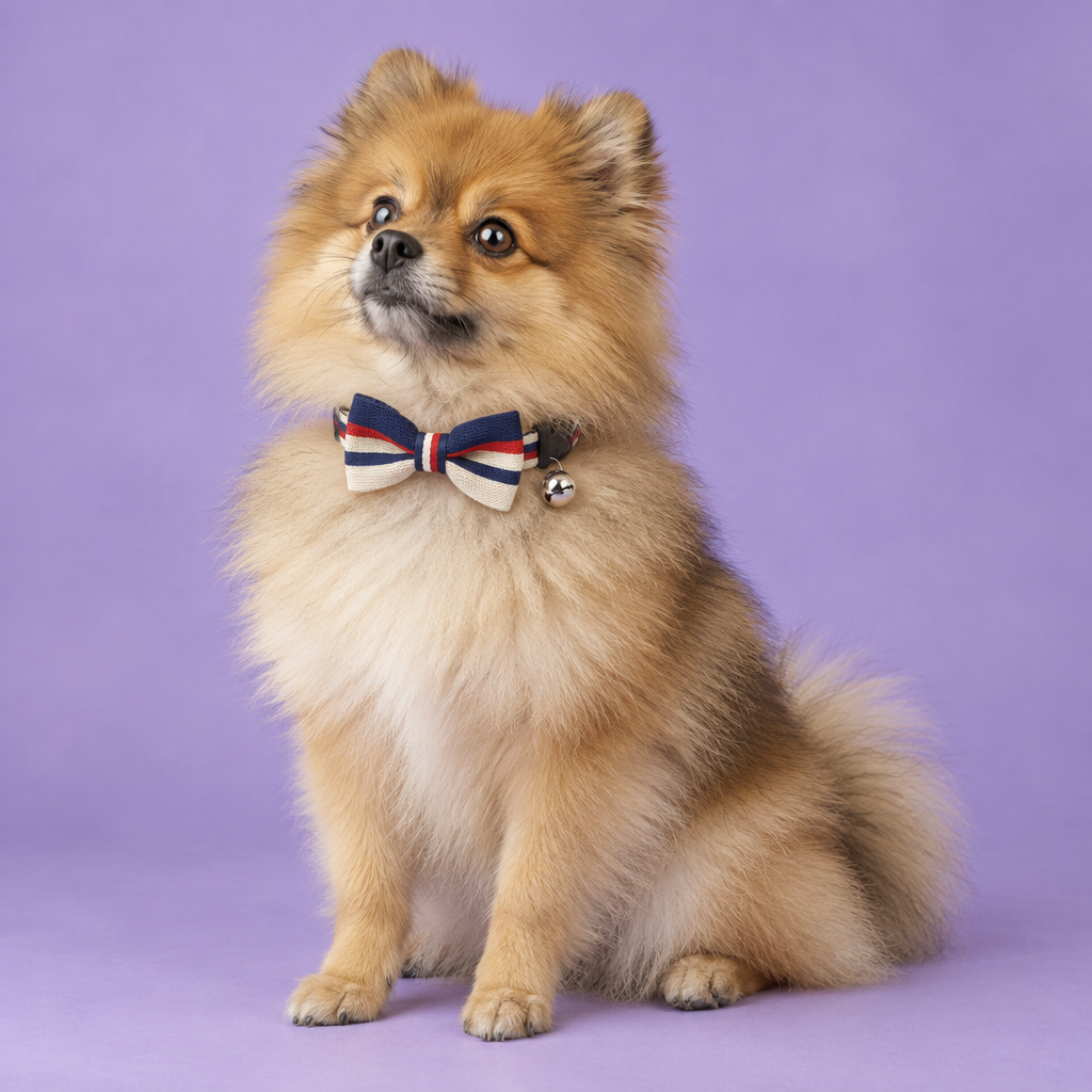 Sable Pomeranian wearing the striped bow-tie collar