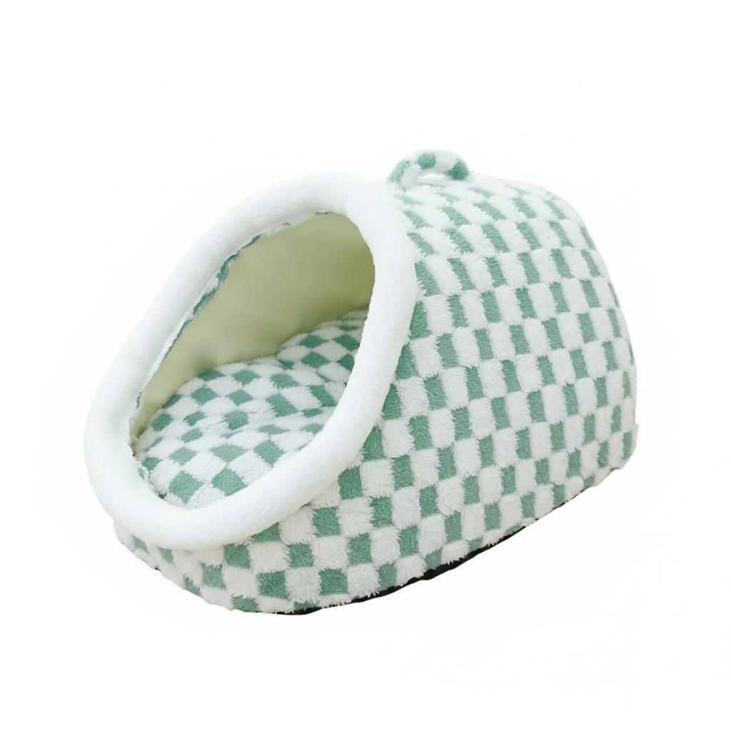 Sage green and white checkerboard plush pet igloo cave bed with padded dome entrance and bear ear accents on white background
