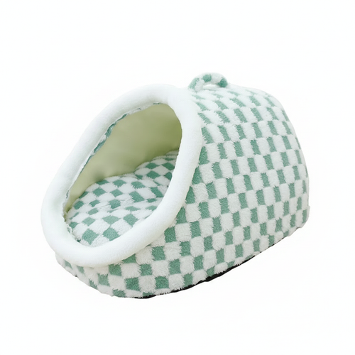 Sage green and white checkerboard plush pet igloo cave bed with padded dome entrance and bear ear accents on white background