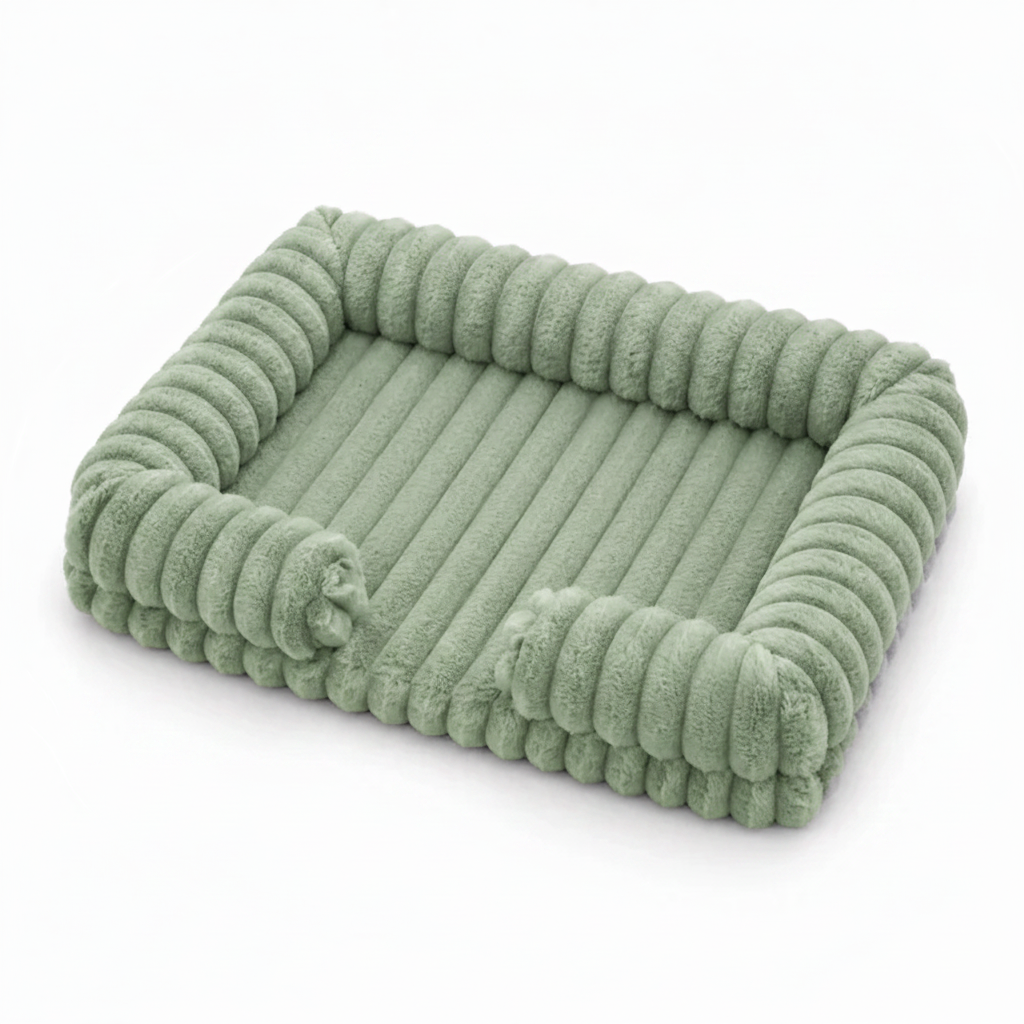Sage green ribbed corduroy rectangular pet sofa bed with raised bolster sides, shown at a 3/4 angle on a white background