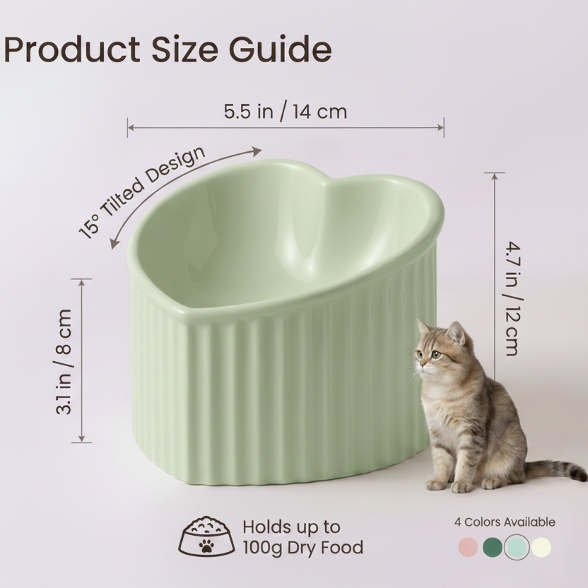 Product size guide infographic for a sage green ceramic heart-shaped pet bowl with ribbed exterior, showing dimensions of 5.5in wide, 4.7in tall, 3.1in deep, 15-degree tilted design, holds up to 100g dry food, available in 4 colors, with a tabby cat sitting beside it, white background

