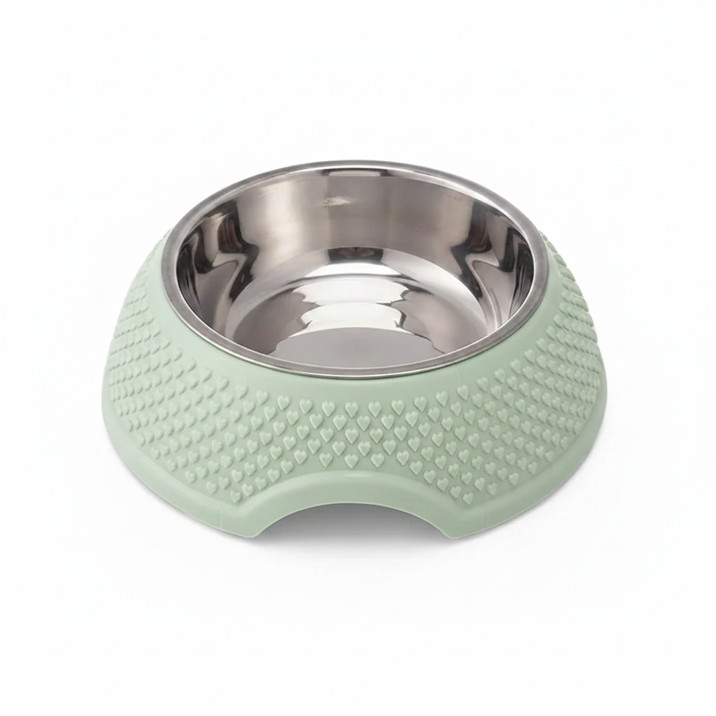 A pet bowl featuring a textured sage green silicone base and a polished stainless steel interior, shown on a clean white background.