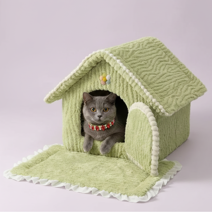 Grey British Shorthair cat stepping out from inside a sage green textured ribbed plush house-shaped pet bed with white scalloped roof trim, multicolor pom-pom flower accent above the arched entrance, and sage green floor mat with white ruffle trim, on a soft lavender background, wearing a red and white crystal rhinestone collar