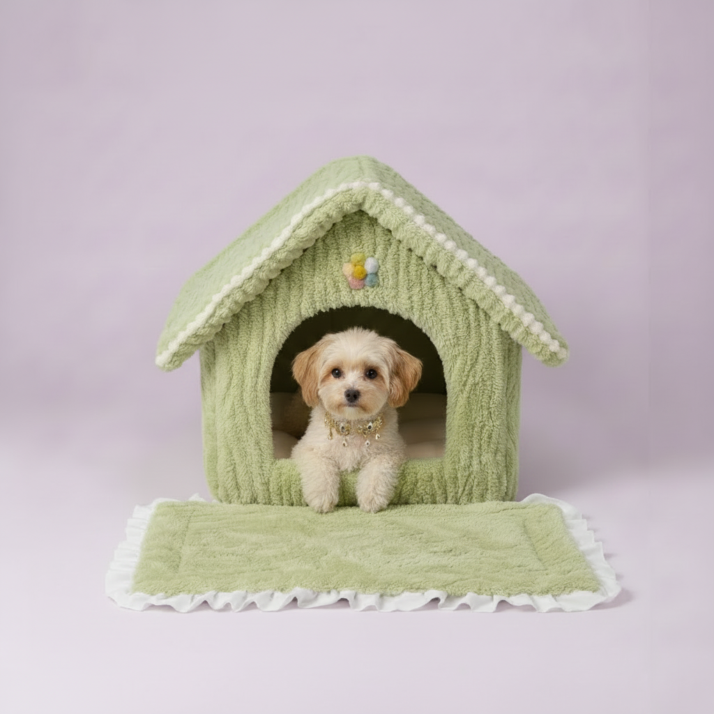 Cream Maltipoo puppy sitting inside a sage green textured ribbed plush house-shaped pet bed with white scalloped roof trim, multicolor pom-pom flower accent above the arched entrance, and sage green floor mat with white ruffle trim, on a soft lavender background, wearing a gold rhinestone collar
