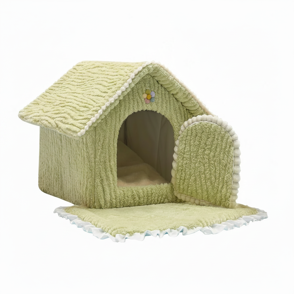 Sage green textured ribbed plush house-shaped pet bed with white scalloped roof trim, small multicolor flower accent above the arched entrance, detachable side door panel, and beige cushioned floor mat with blue ruffle trim shown unfolded open, on a white background