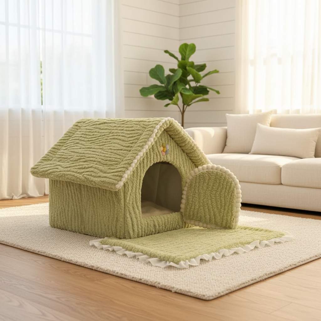 Sage green textured ribbed plush house-shaped pet bed with white scalloped roof trim, multicolor pom-pom flower accent above the arched entrance, and detachable side door panel open with sage green floor mat extended with white ruffle trim, placed on a cream area rug in a bright airy living room with a cream sofa, fiddle leaf fig tree, and sheer curtains