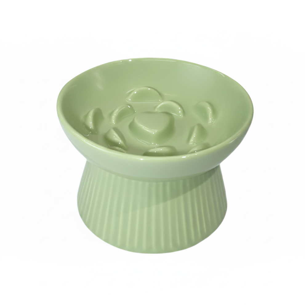Sage green ceramic raised slow feeder cat bowl with ribbed pedestal base and floral ridge pattern, white background
