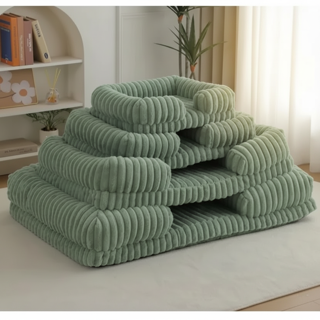 Four sage green chunky corduroy pet beds stacked by size — small, medium, and large — displayed on a cream rug in a bright, minimal living room with a white bookshelf and sheer curtains.