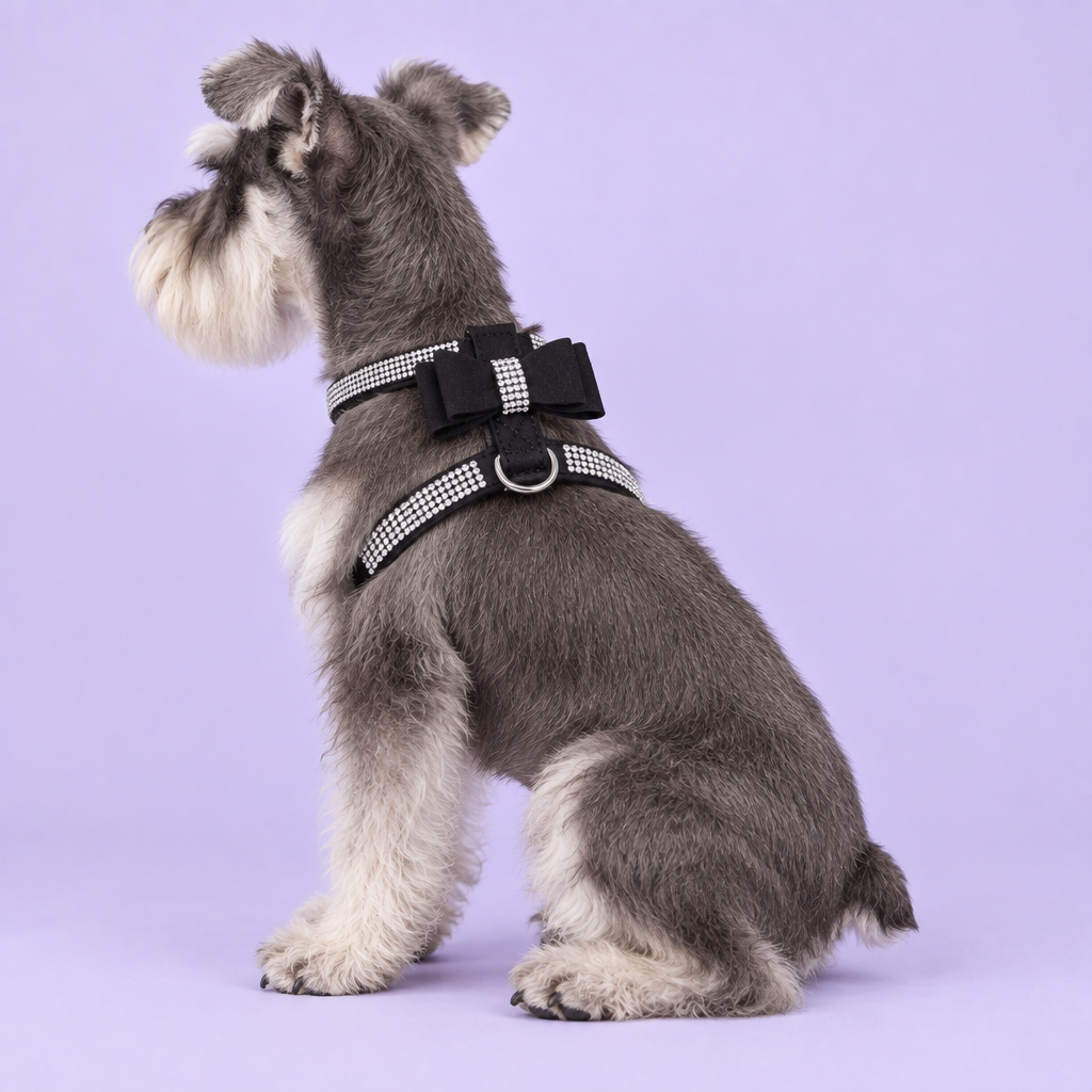 Salt-and-pepper Miniature Schnauzer in the black harness