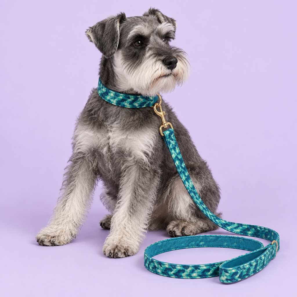 Salt-and-pepper Schnauzer sitting at an angle