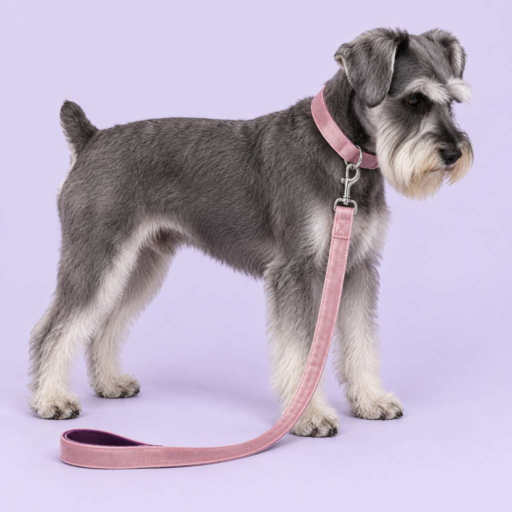 Salt-and-pepper schnauzer wearing blush pink velvet collar and leash