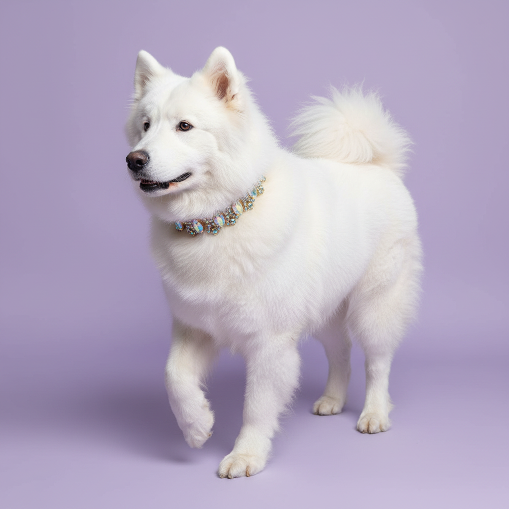 Brown-eyed white Samoyed mid-prance in three-quarter view with one front paw raised and mouth open wearing a silver AB crystal rhinestone collar with iridescent aurora borealis oval gem embellishments, luxury AB crystal dog collar for large breeds on solid lavender background