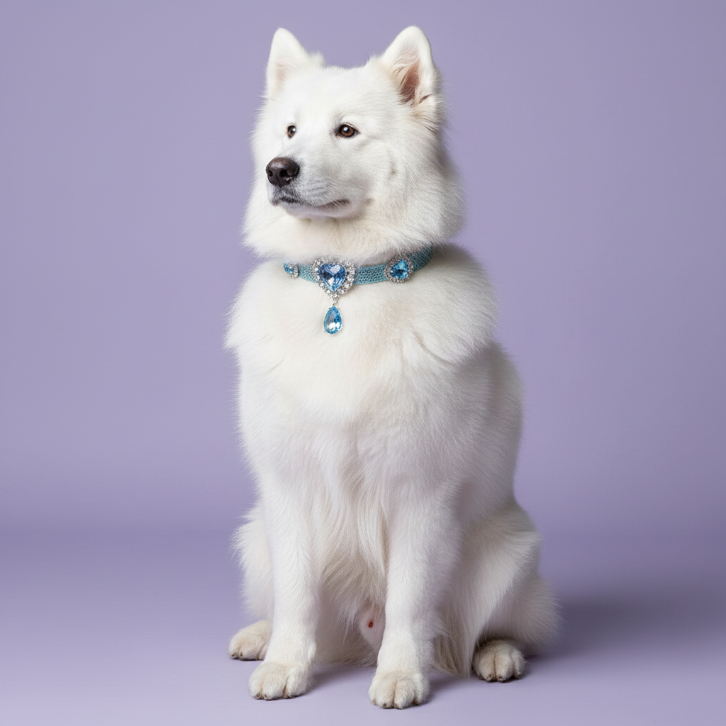 Brown-eyed white Samoyed sitting tall and gazing to the side wearing a light blue glitter rhinestone collar with rhinestone-framed aquamarine blue heart crystal embellishments and a dangling faceted blue teardrop pendant, luxury blue heart pendant dog collar for large breeds on solid lavender background