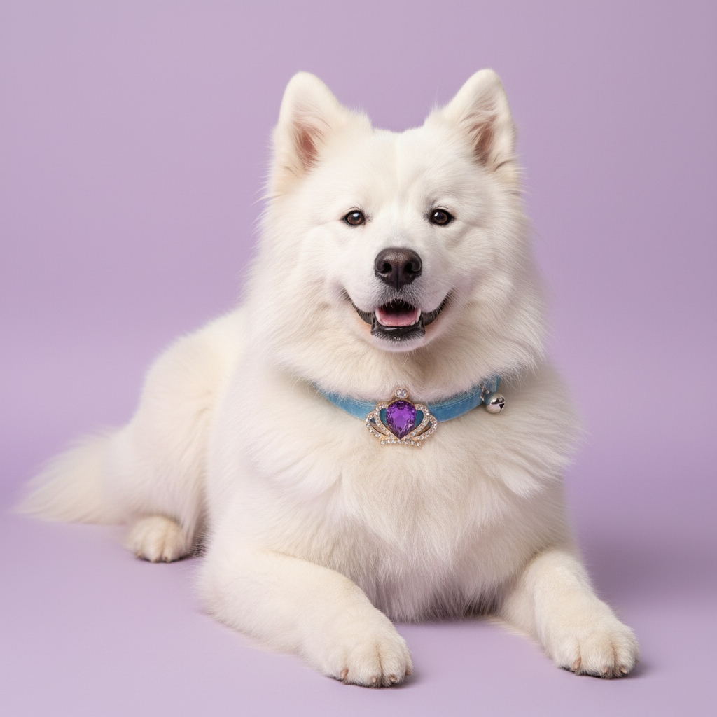 Samoyed wearing sky blue velvet dog collar with gold crown and purple amethyst teardrop gem pendant — luxury large dog collar