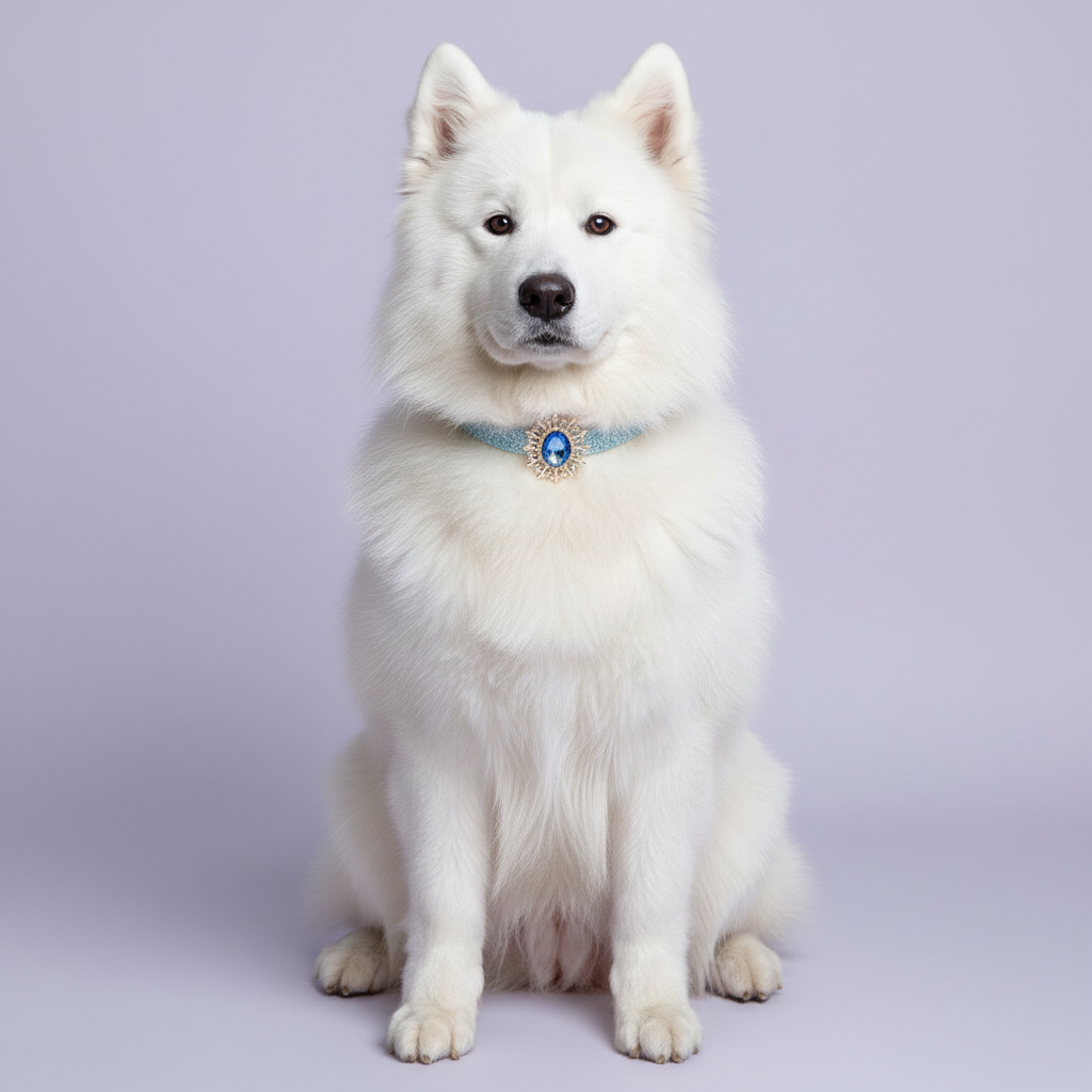 White Samoyed sitting regally wearing a light blue glitter dog collar with sapphire blue oval crystal sunburst pendant