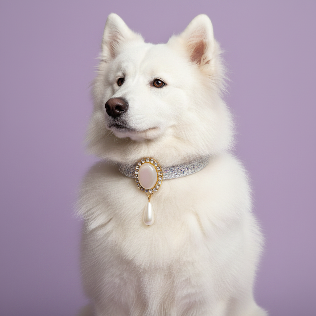 White Samoyed sitting tall and gazing to the side wearing a silver rhinestone dog collar with a gold oval pearl and teardrop pendant