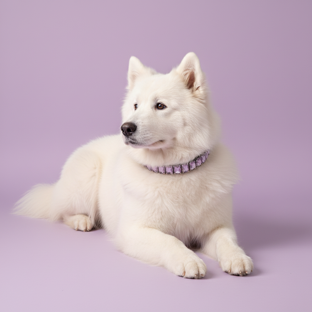 Samoyed wearing a lavender rhinestone collar against a soft lavender studio background.