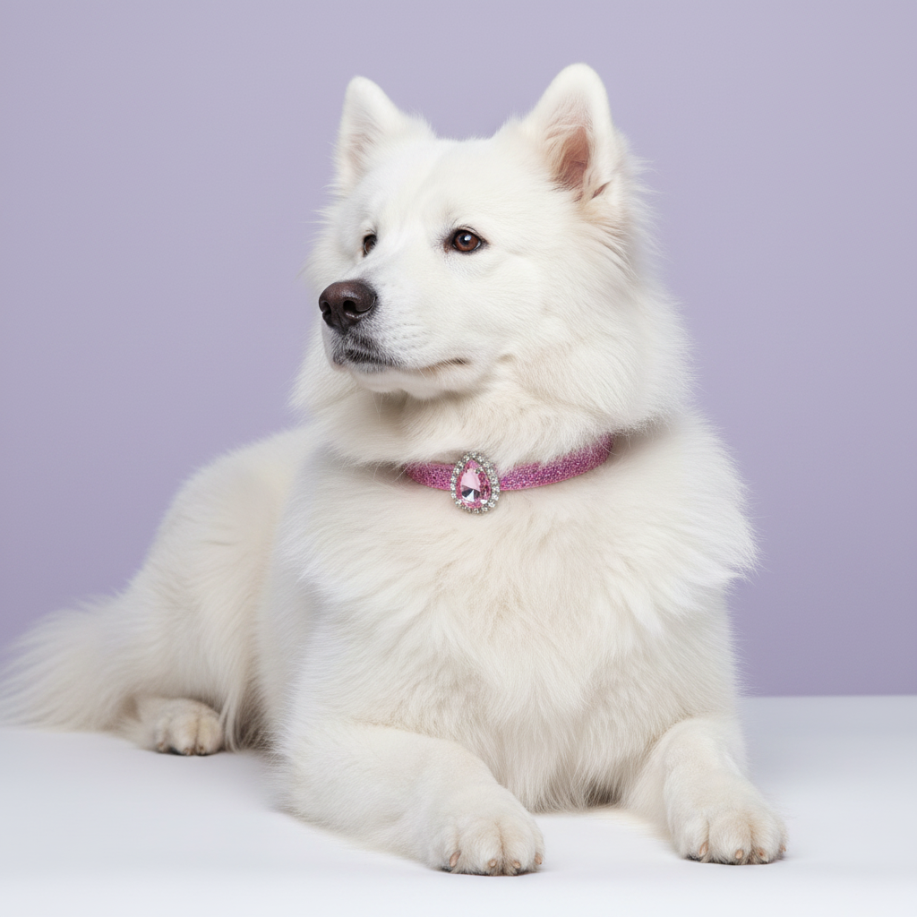 White Samoyed lying down with head raised and gazing to the side wearing a pink glitter rhinestone collar with teardrop pink crystal pendant, luxury bling dog collar for large breeds on lavender background