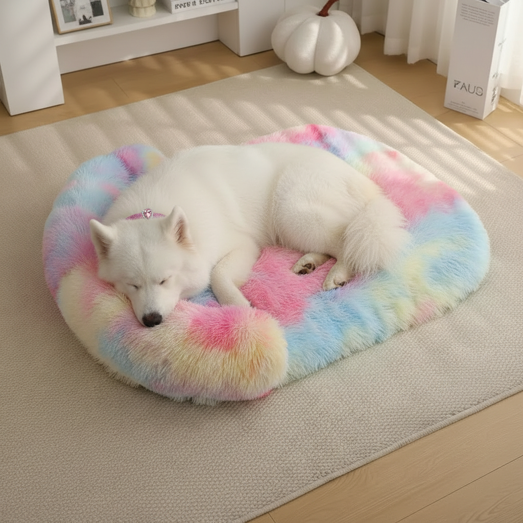White Samoyed wearing a pink heart hair clip sleeping curled up on a pastel rainbow tie-dye long shaggy faux fur oval donut pet bed placed on a cream area rug on light oak hardwood floors, with a white shelf, white ceramic pumpkin, and sheer curtains in the background