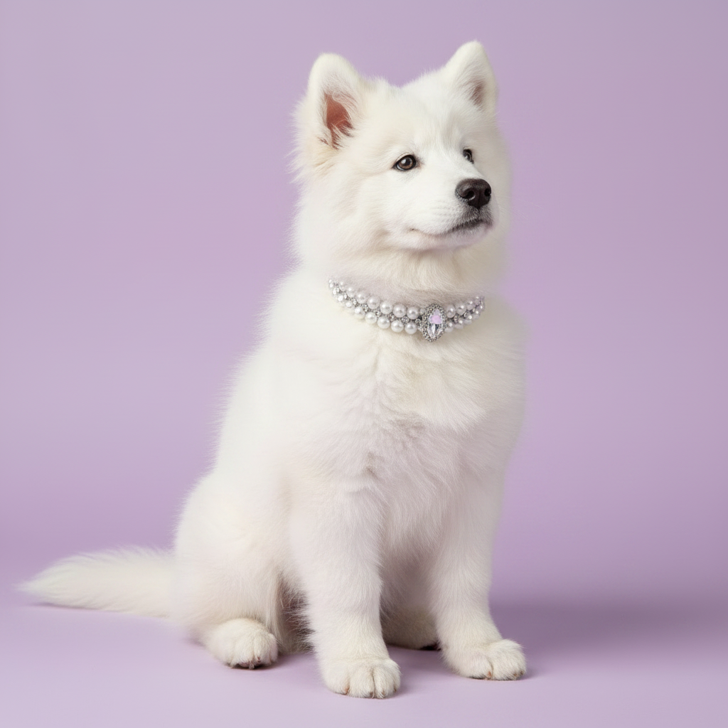 White Samoyed puppy seated upright and looking to the side, wearing the double-strand white pearl collar with a marquise-cut crystal centerpiece, on a soft lavender background — real lifestyle photo